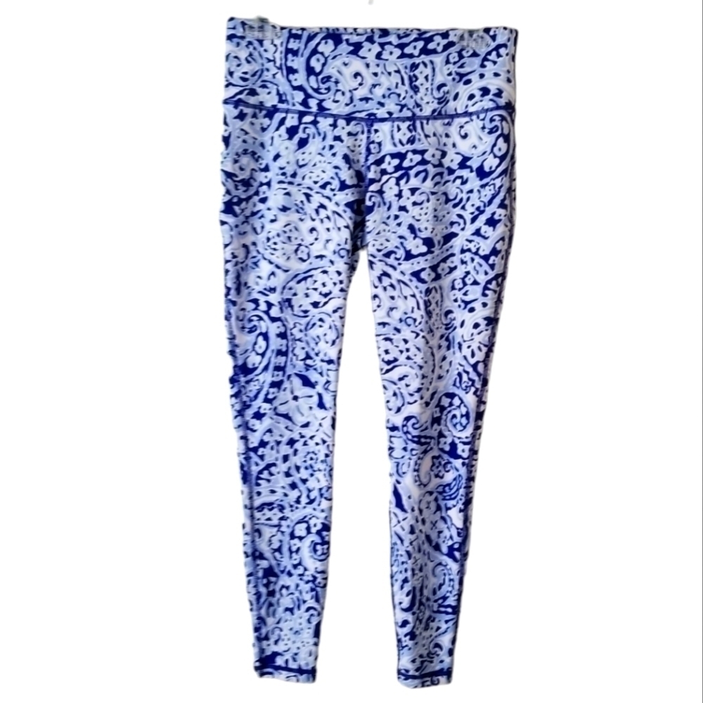 Crown & Ivy High Waisted Activewear Leggings Blue/White Paisley Print Size S